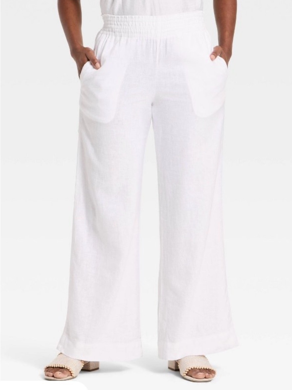 a new day White Wide-Leg Elastic Waist Linen-Blend Pants